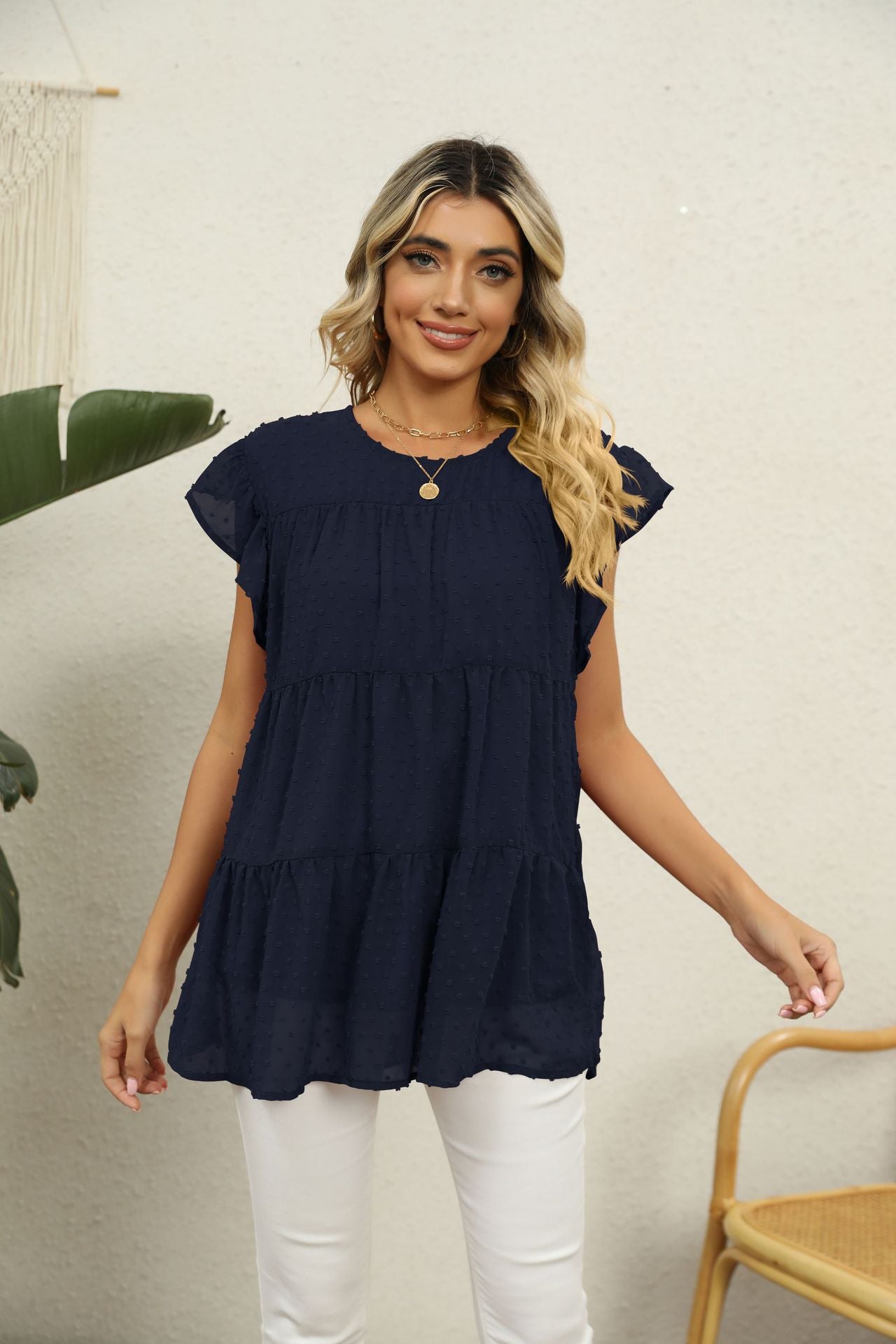 Swiss Dot Round Neck Tiered Blouse