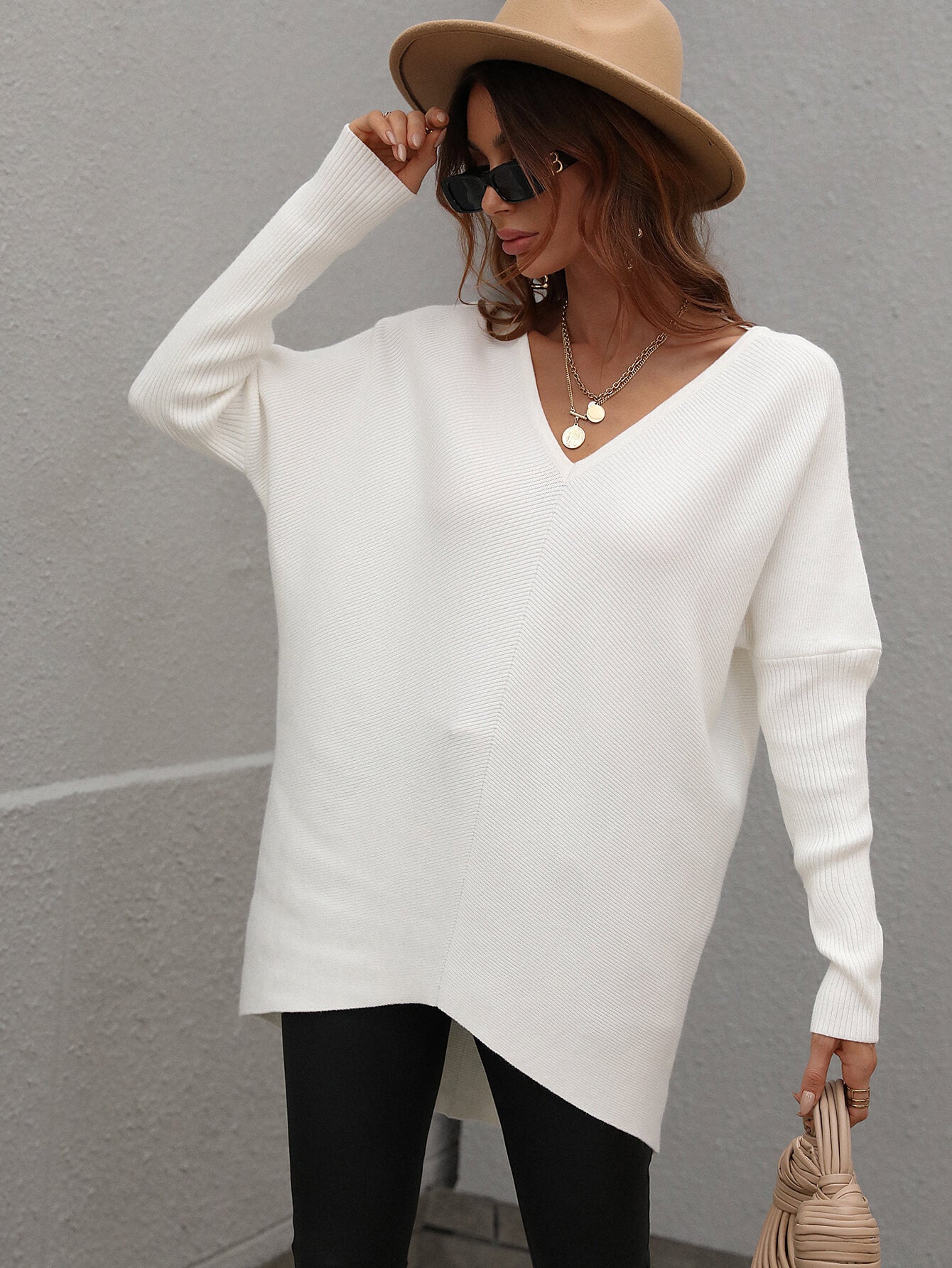 Ribbed V-Neck Open Back Tunic Sweater