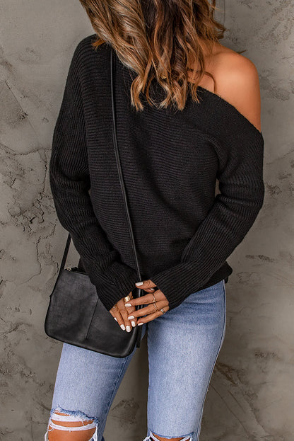 Horizontal Ribbing One-Shoulder Sweater