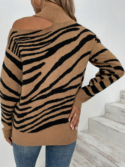 Tiger Print Cold-Shoulder High Neck Sweater