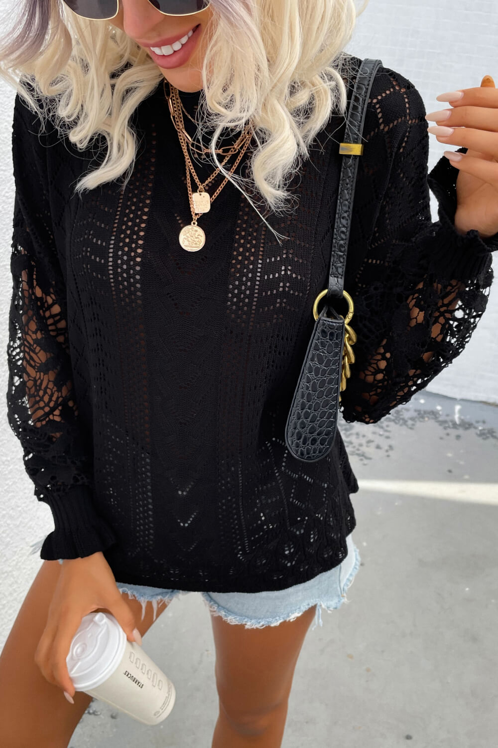 Spliced Lace Crochet Sleeve Sweater