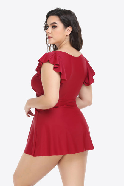 Conjunto de vestido de baño y braguitas con escote pronunciado y volantes de talla grande