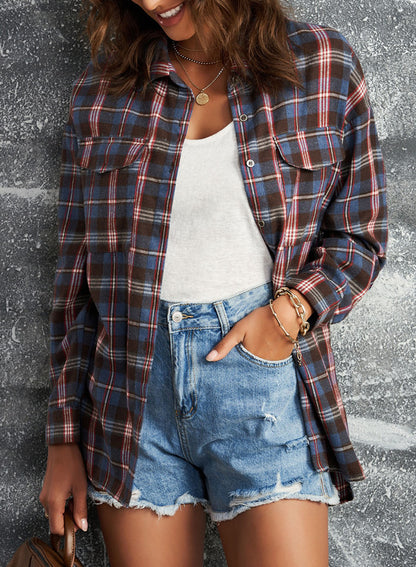 Plaid Slit High-Low Shirt with Pockets