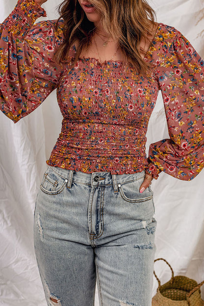 Blusa floral con manga farol fruncida