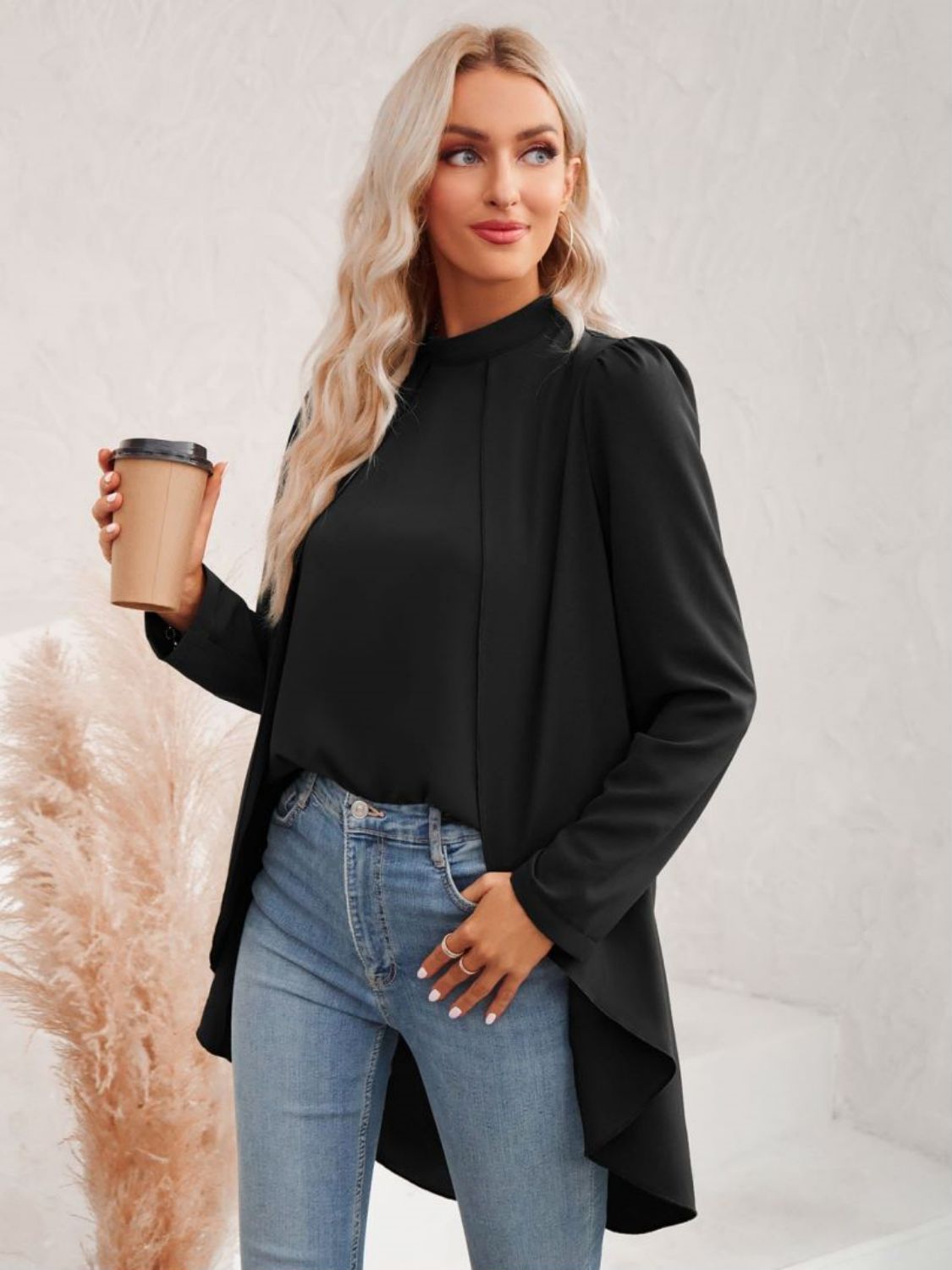 Long Puff Sleeve High-Low Blouse