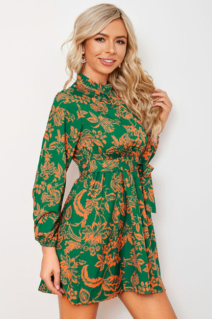 Floral Frill Neck Tied Balloon Sleeve Dress