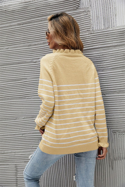 Striped Half-Button Frill Trim Sweater