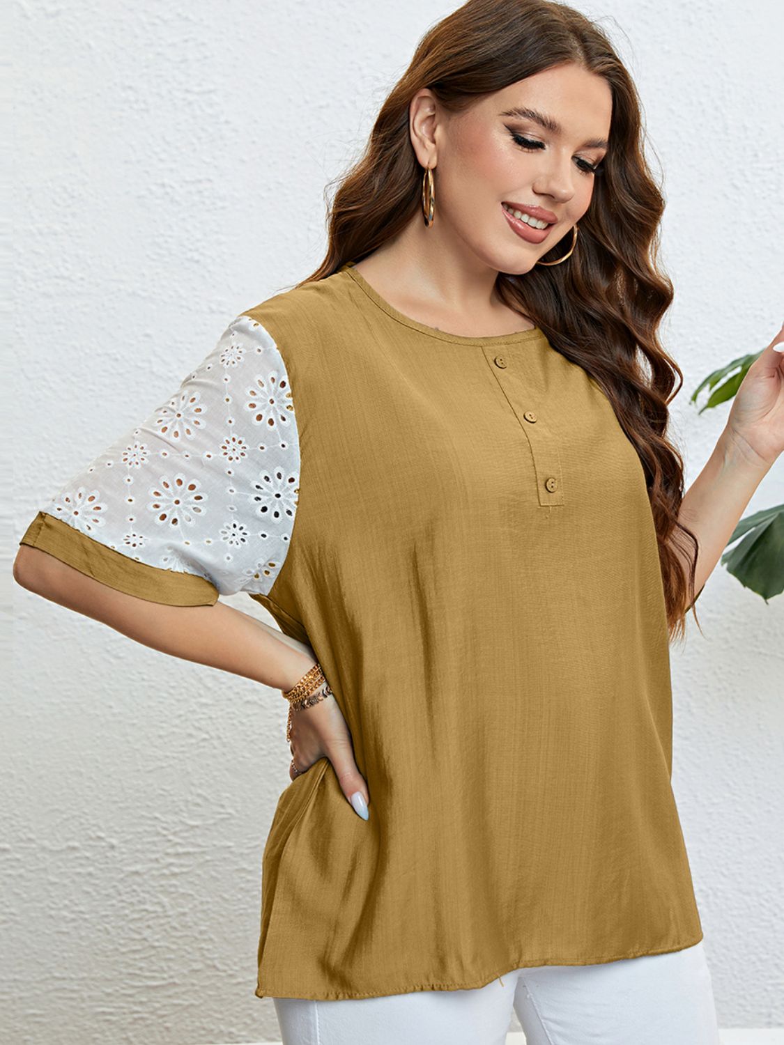 Plus Size Contrast Decorative Button Half Sleeve Top