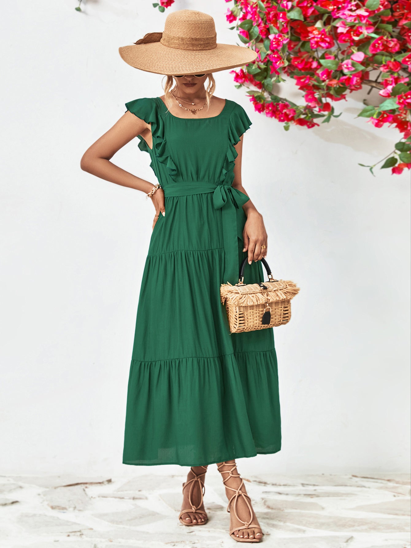 Tie Belt Ruffled Tiered Dress