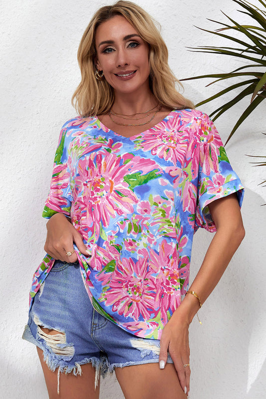 Floral V-Neck Short Sleeve Blouse