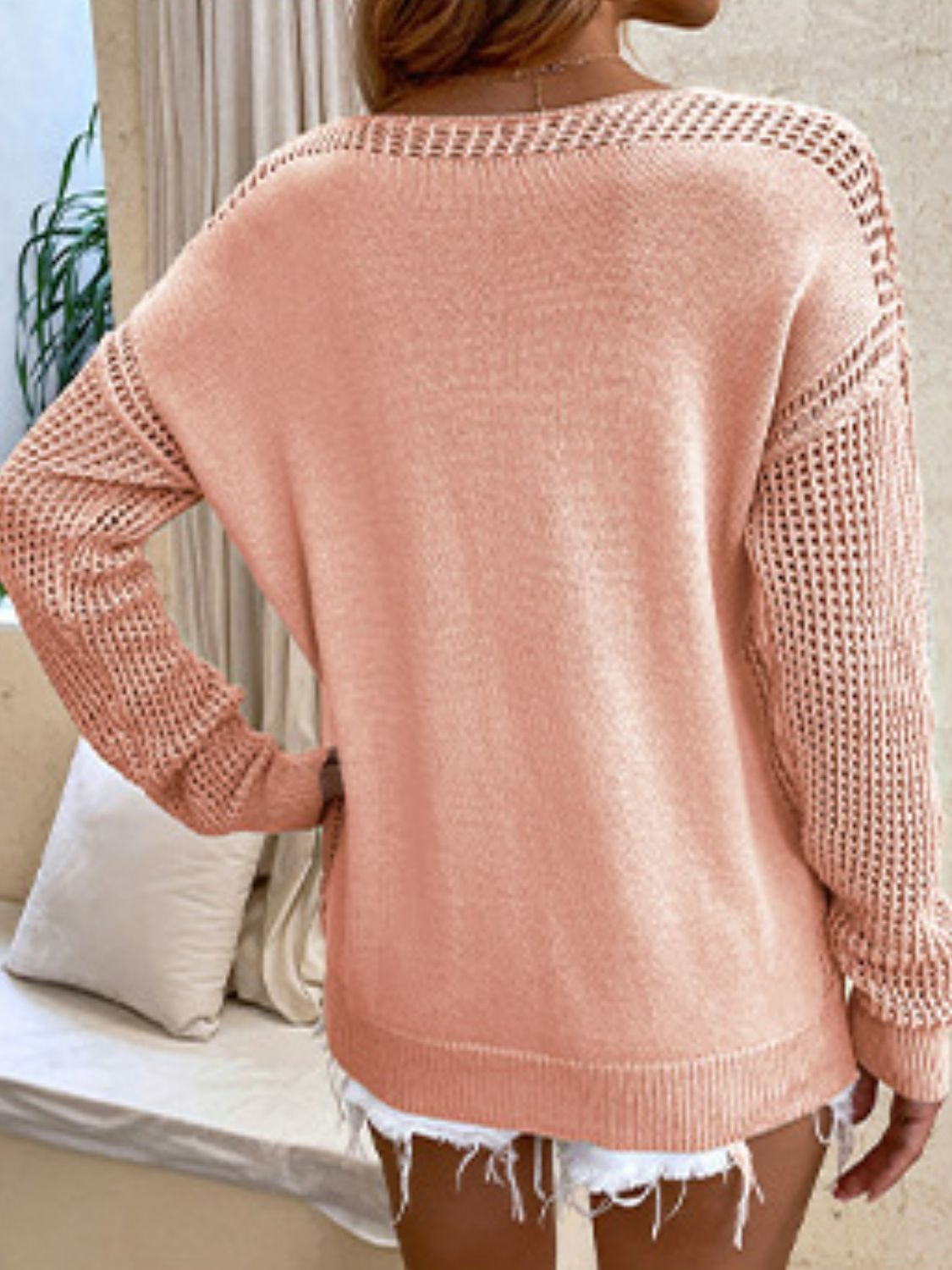 V-Neck Ribbed Trim Long Sleeve Knit Top