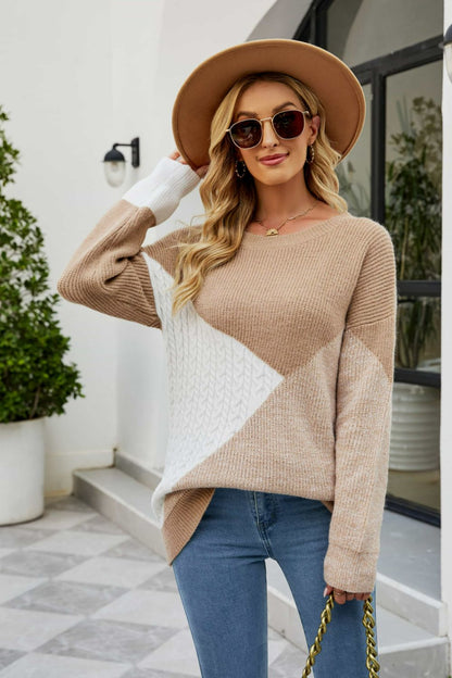 Color Block Rib-Knit Round Neck Sweater