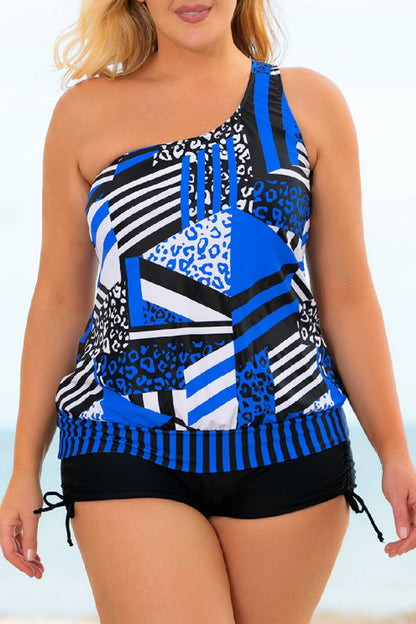 Conjunto de tankini de un hombro atado con patchwork de talla grande