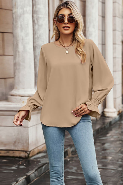 Round Neck Long Flounce Sleeve Blouse