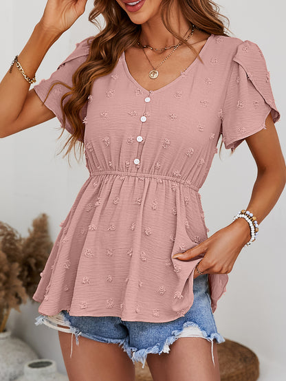 Blusa peplum con manga de pétalo abotonada con lunares suizos