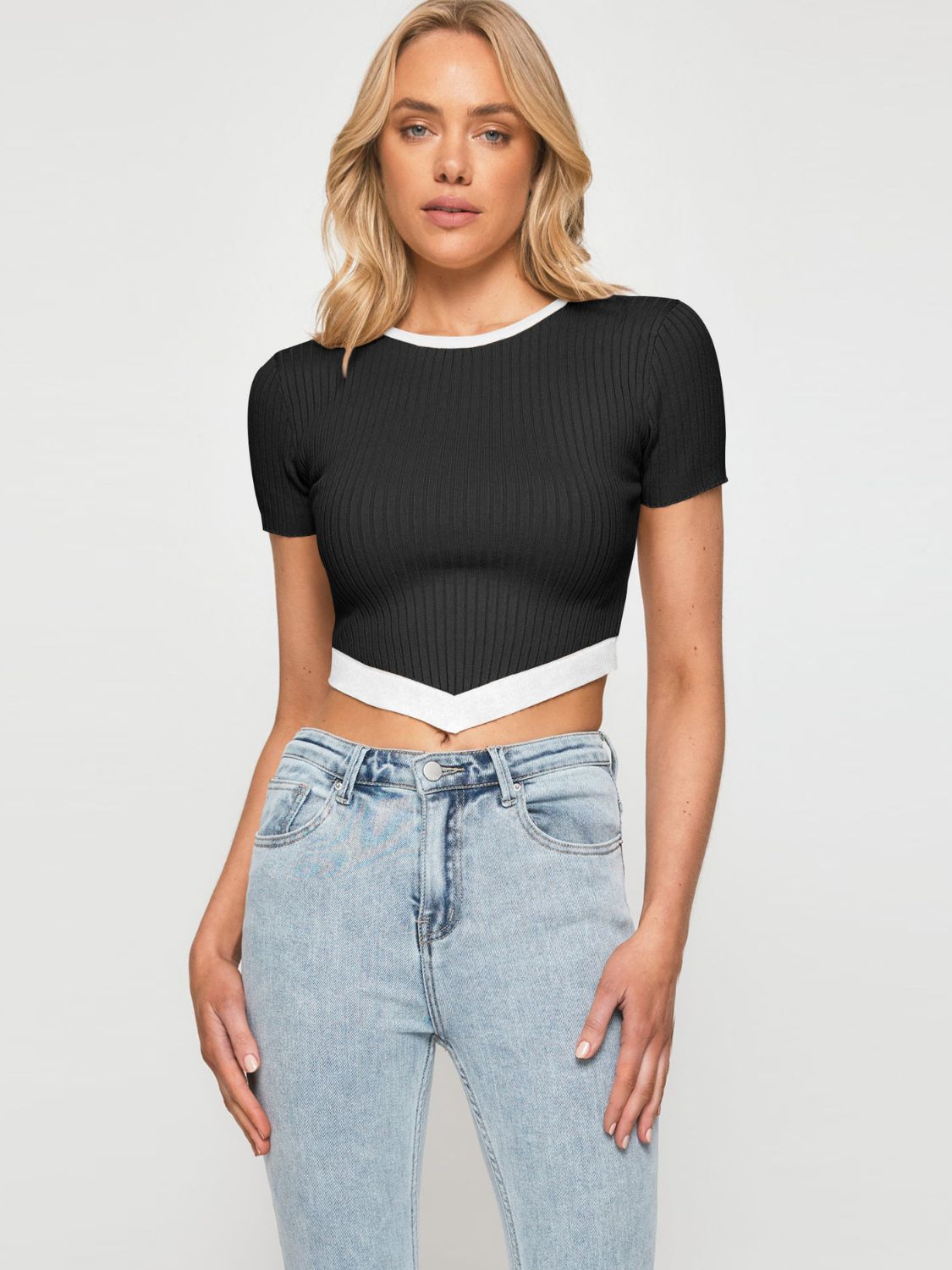 Contrast Trim Pointed Hem Ribbed Crop Top