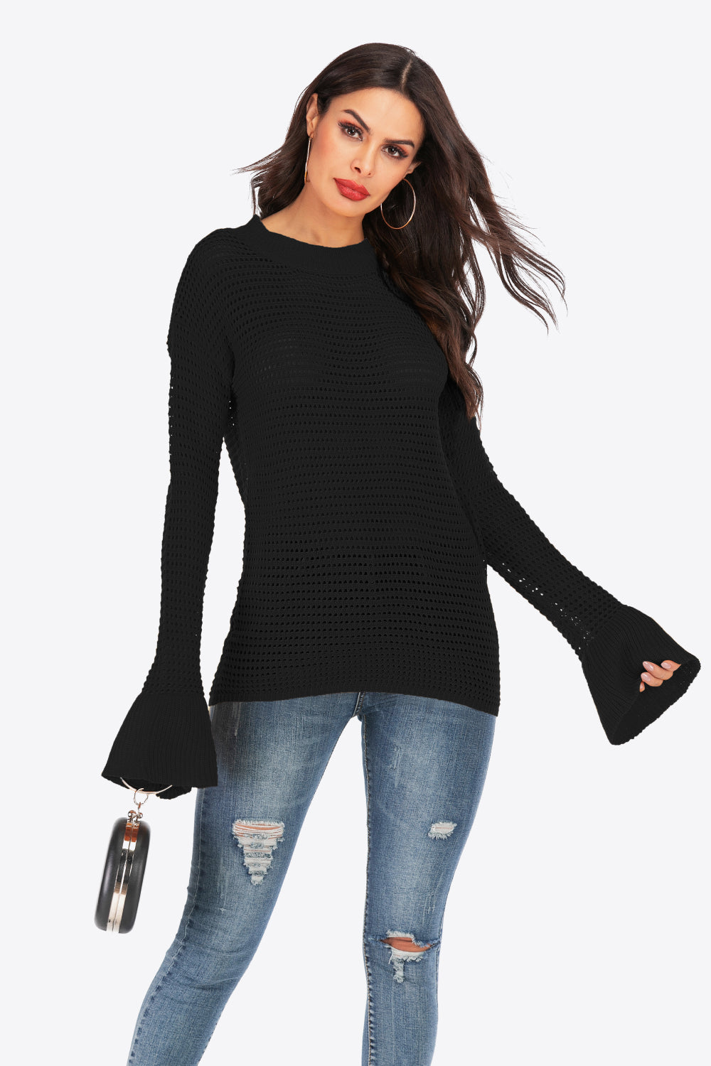 Openwork Flare Sleeve Round Neck Sweater