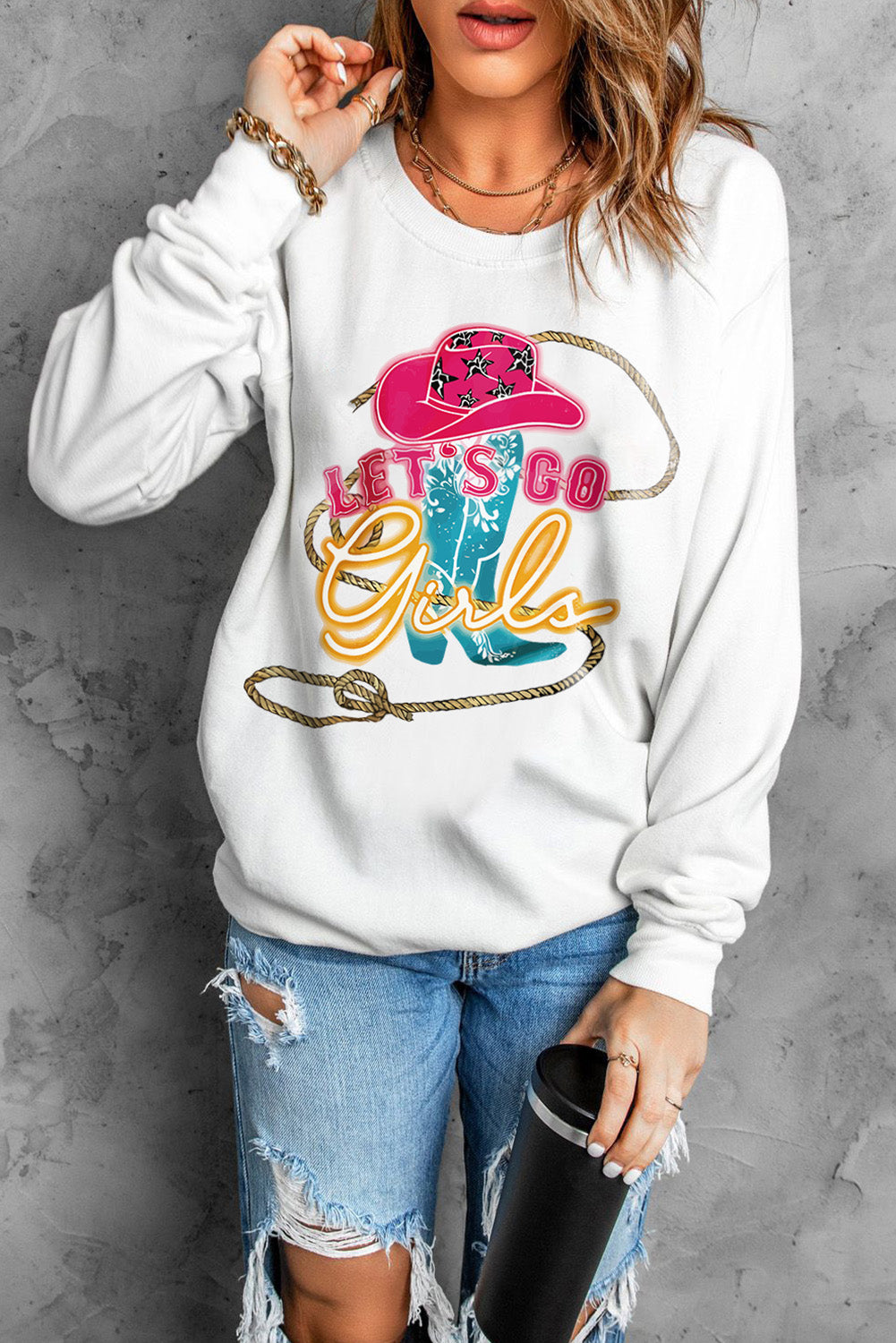 Sudadera estampada con cuello redondo LET'S GO GIRLS