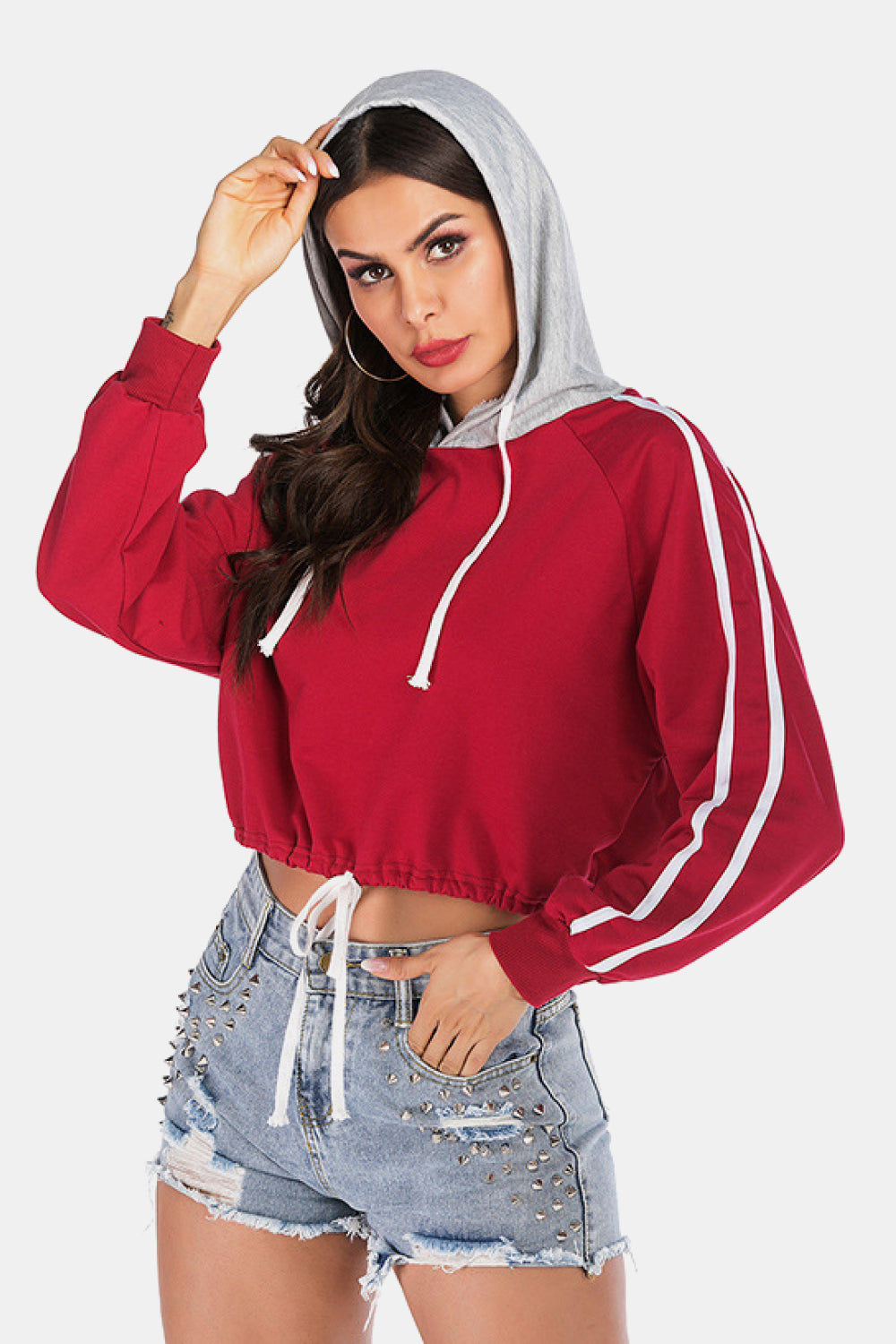 Full Size Side Stripe Drawstring Hem Cropped Hoodie