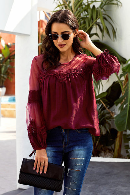 Tied Spliced Mesh Bubble Sleeve Blouse