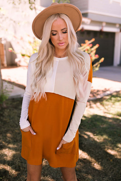 Color Block Round Neck Longline Top with Pockets