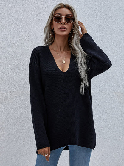 V-Neck Rib-Knit Drop Shoulder Tunic Sweater