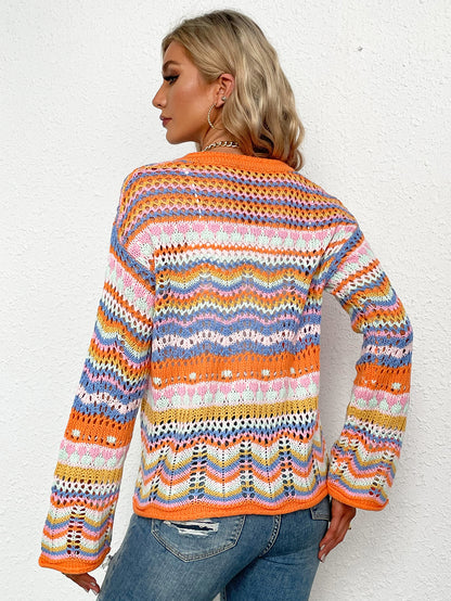 Chevron Stripes Openwork Cardigan