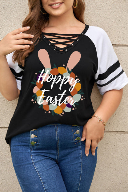 Plus Size HOPPY EASTER Graphic Crisscross V-Neck Tee