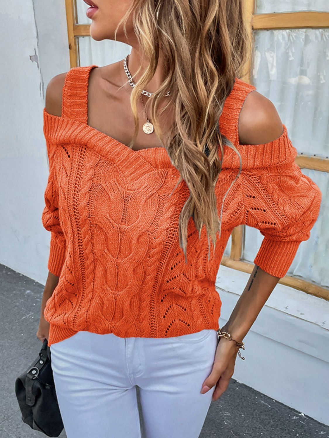 Cable-Knit Ribbed Trim Cold-Shoulder Sweater