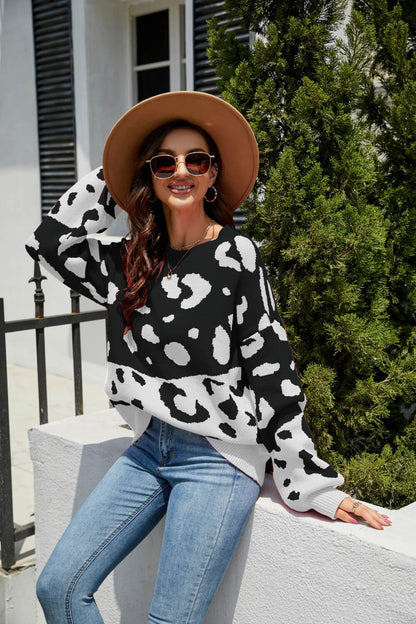 Leopard Ribbed Trim Dropped Shoulder Sweater