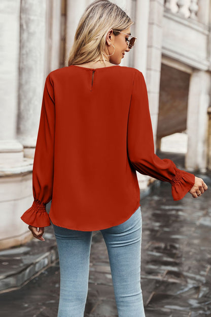 Round Neck Long Flounce Sleeve Blouse