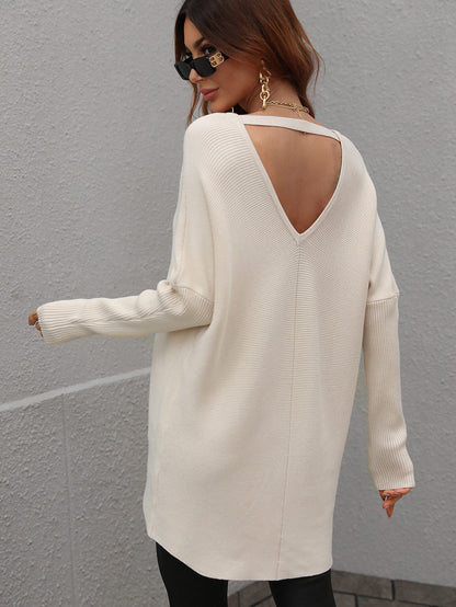 Ribbed V-Neck Open Back Tunic Sweater