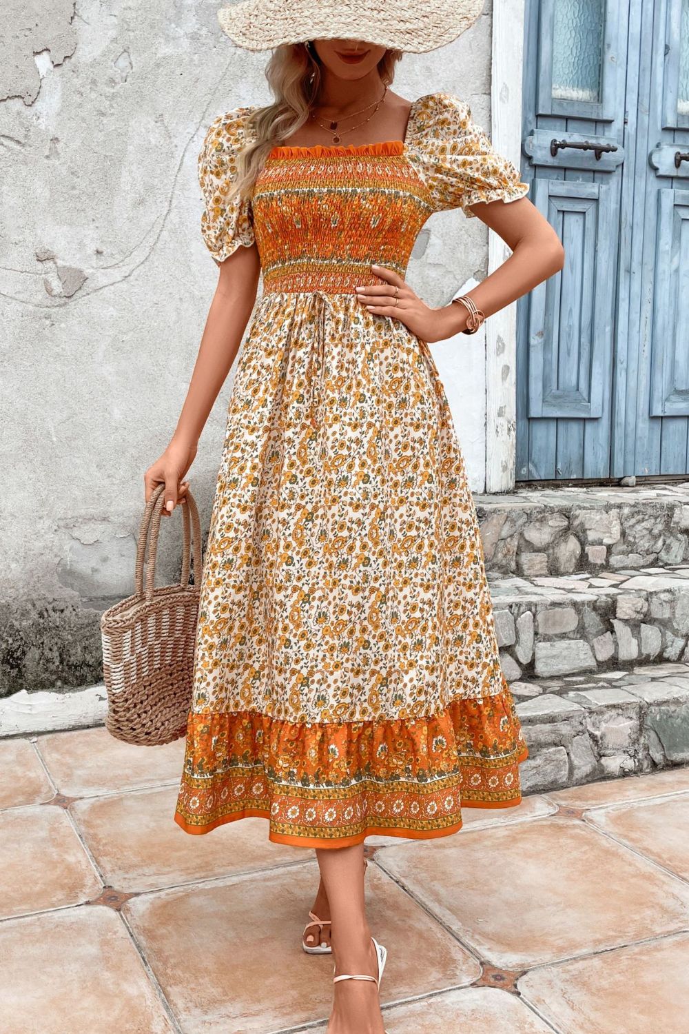 Bohemian Square Neck Puff Sleeve Dress