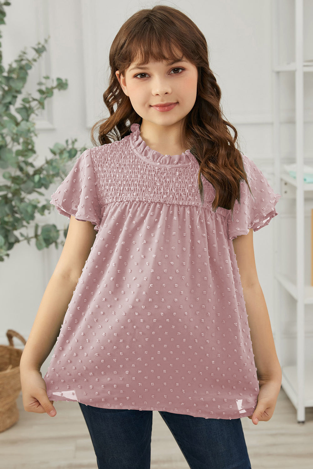 Blusa de manga volante con fruncido de lunares suizos para niñas