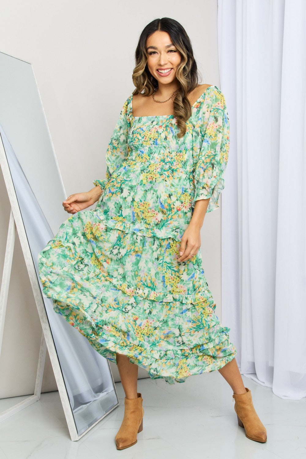 Davi & Dani Floral Frill Trim Square Neck Midi Dress