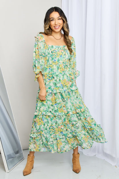 Davi & Dani Floral Frill Trim Square Neck Midi Dress