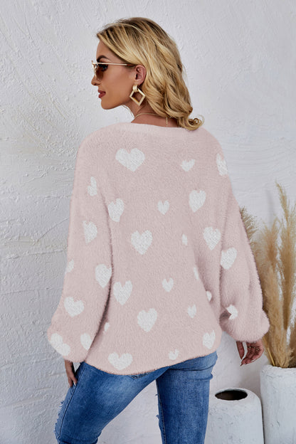 Heart Print Fuzzy Crewneck Long Sleeve Sweater