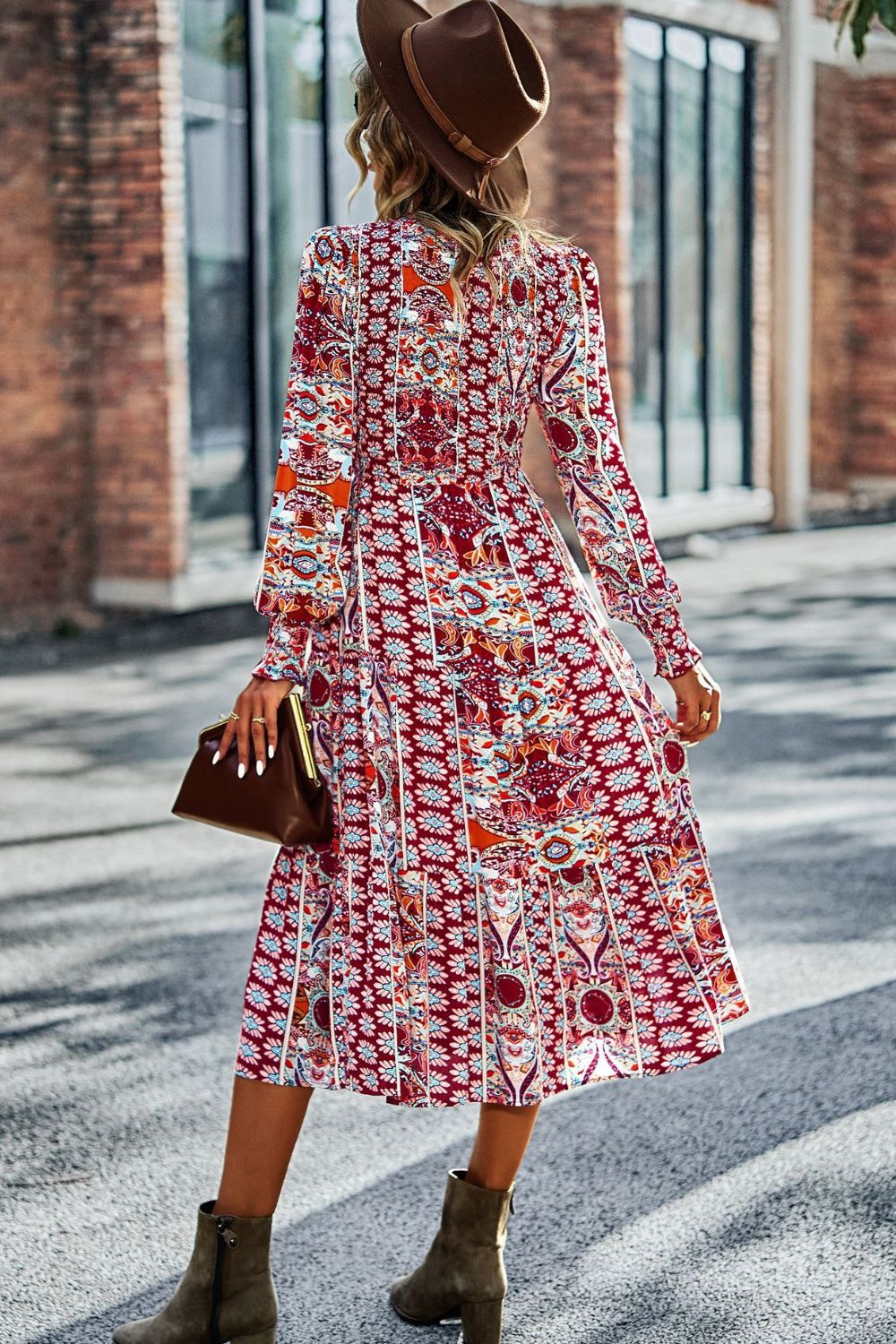 Smocked Round Neck Lantern Sleeve Midi Dress