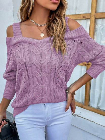 Cable-Knit Ribbed Trim Cold-Shoulder Sweater