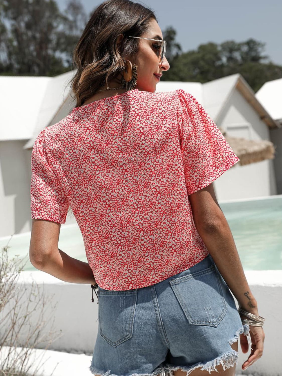 Floral Drawstring Deep V Cropped Blouse