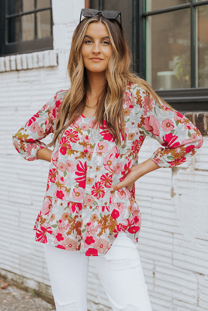 Floral V-Neck Tiered Babydoll Blouse