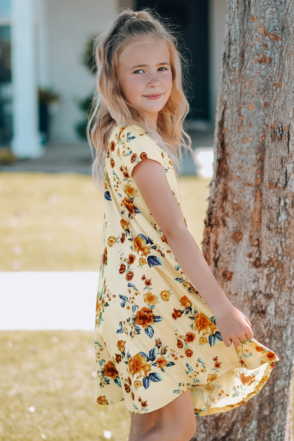 Vestido Niña Cuello Redondo Floral Manga Corta Bolsillos