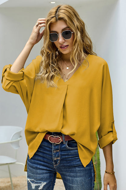 V-Neck Roll-Tab Sleeve Blouse