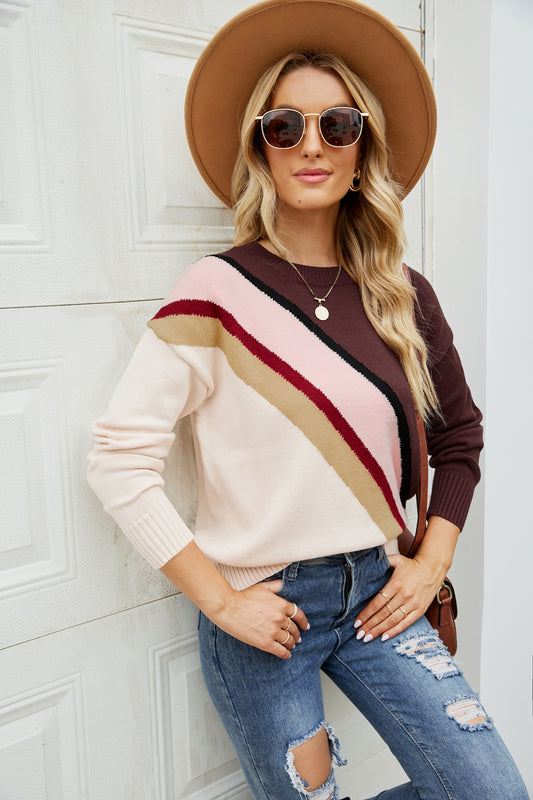 Color Block Ribbed Trim Dropped Shoulder Sweater