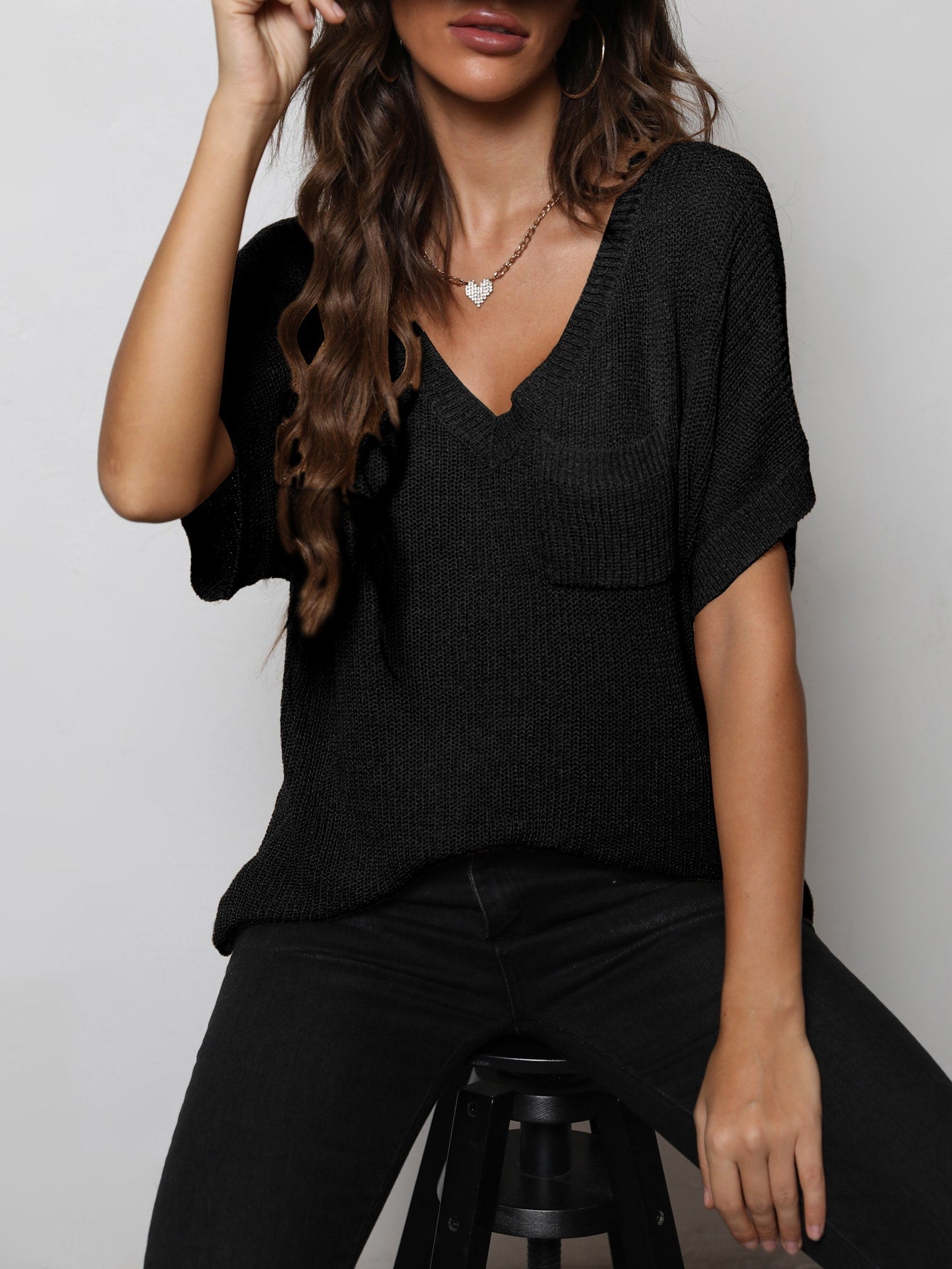 V-Neck Slit High-Low Knit Top