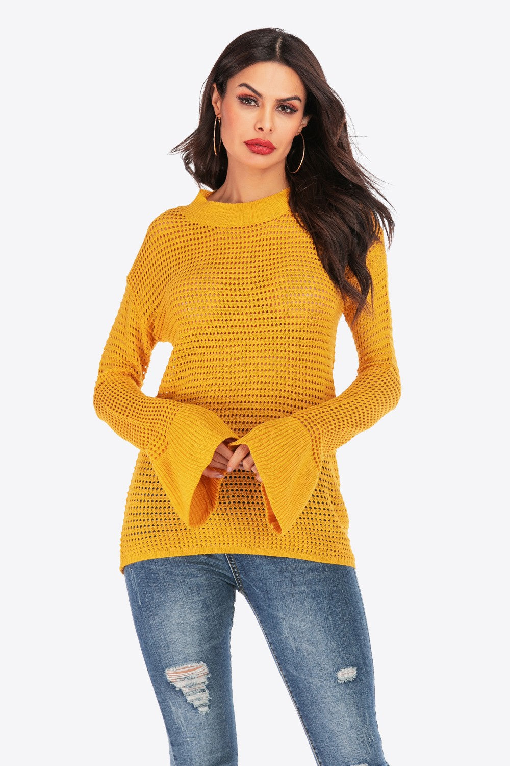 Openwork Flare Sleeve Round Neck Sweater