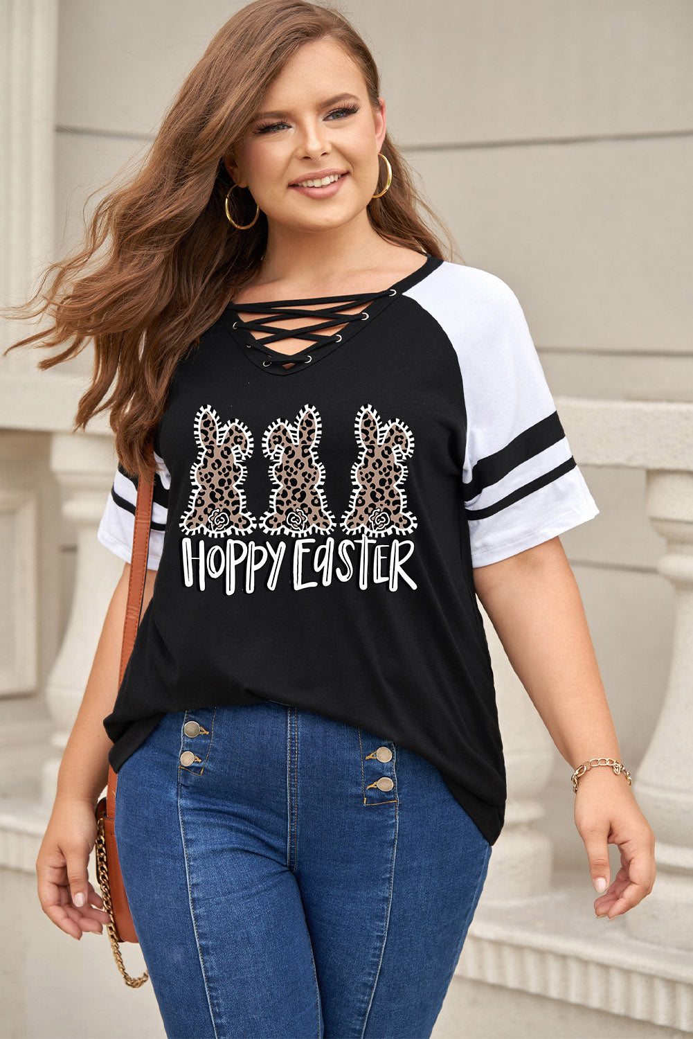 Plus Size HOPPY EASTER Striped Crisscross T-Shirt