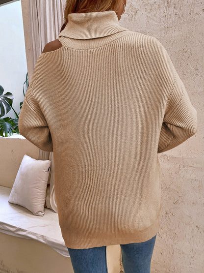 Cold-Shoulder Turtleneck Rib-Knit Sweater