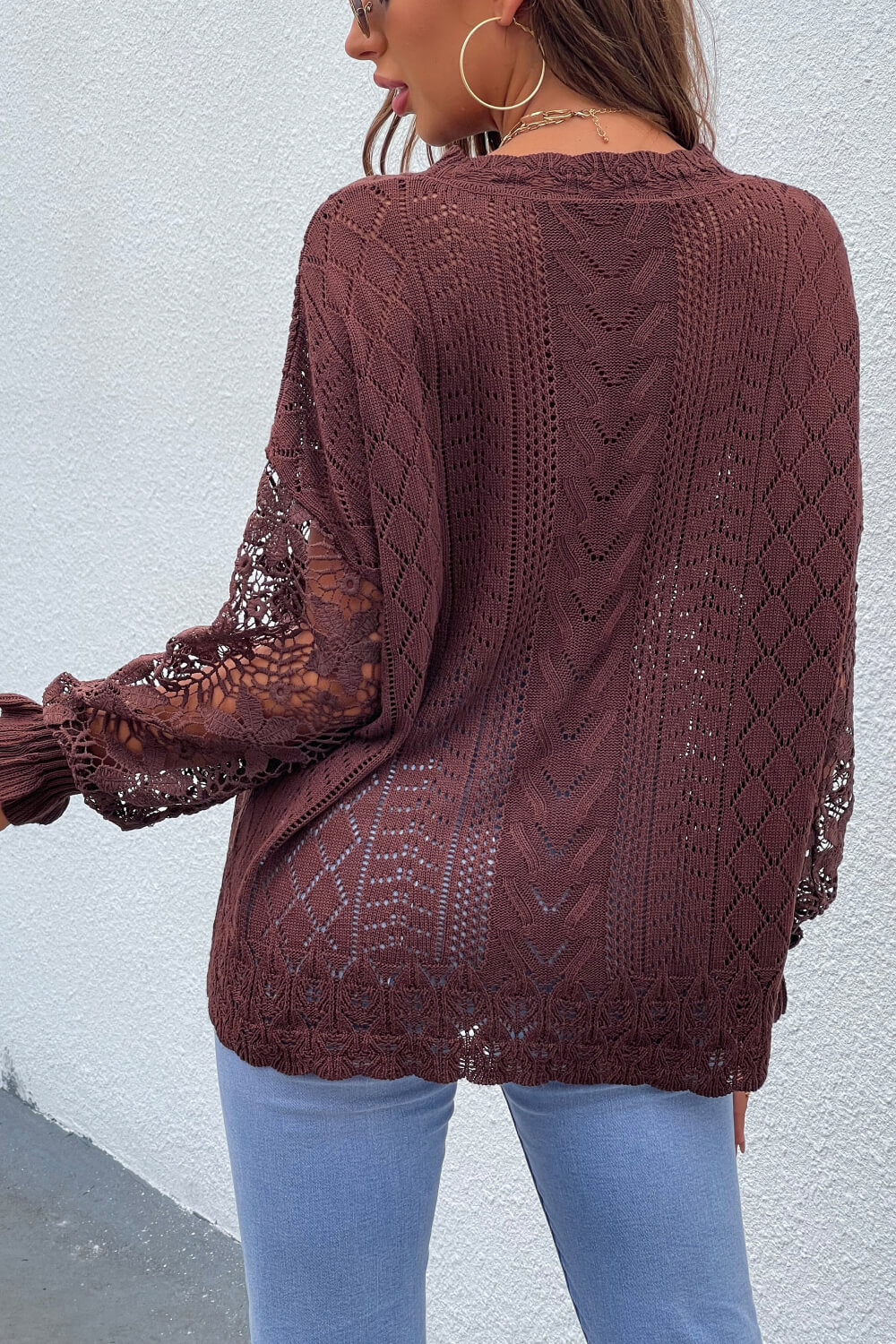 Spliced Lace Crochet Sleeve Sweater