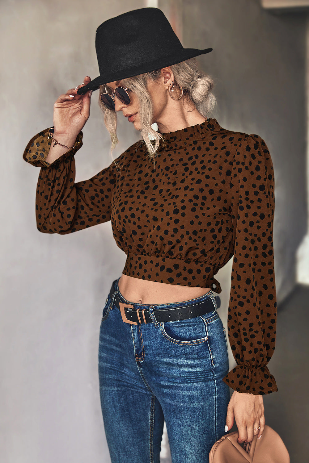 Animal Print Tie-Back Cropped Blouse